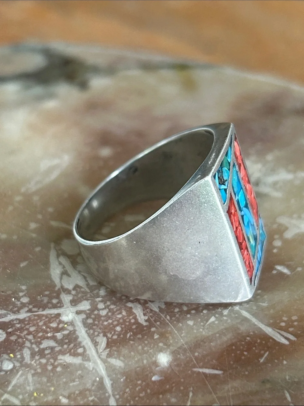 Vintage Turquoise & Coral Chip Inlay Ring